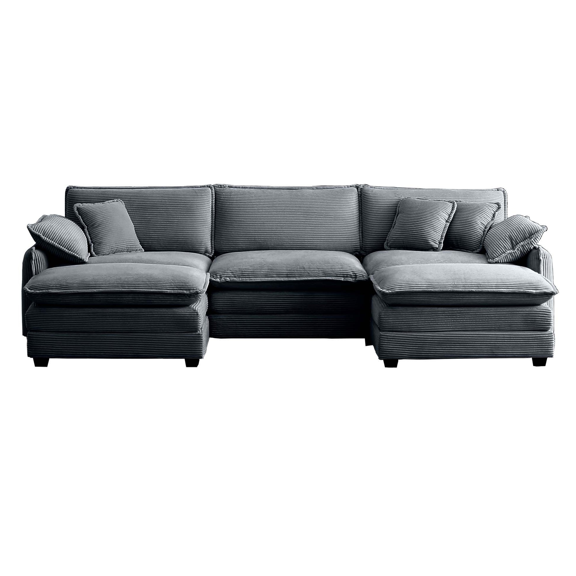 U Shape Sectional Cloud Sofa, Plush Corduroy Couch with Ottoman, Grey