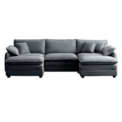 U Shape Sectional Cloud Sofa, Plush Corduroy Couch with Ottoman, Grey