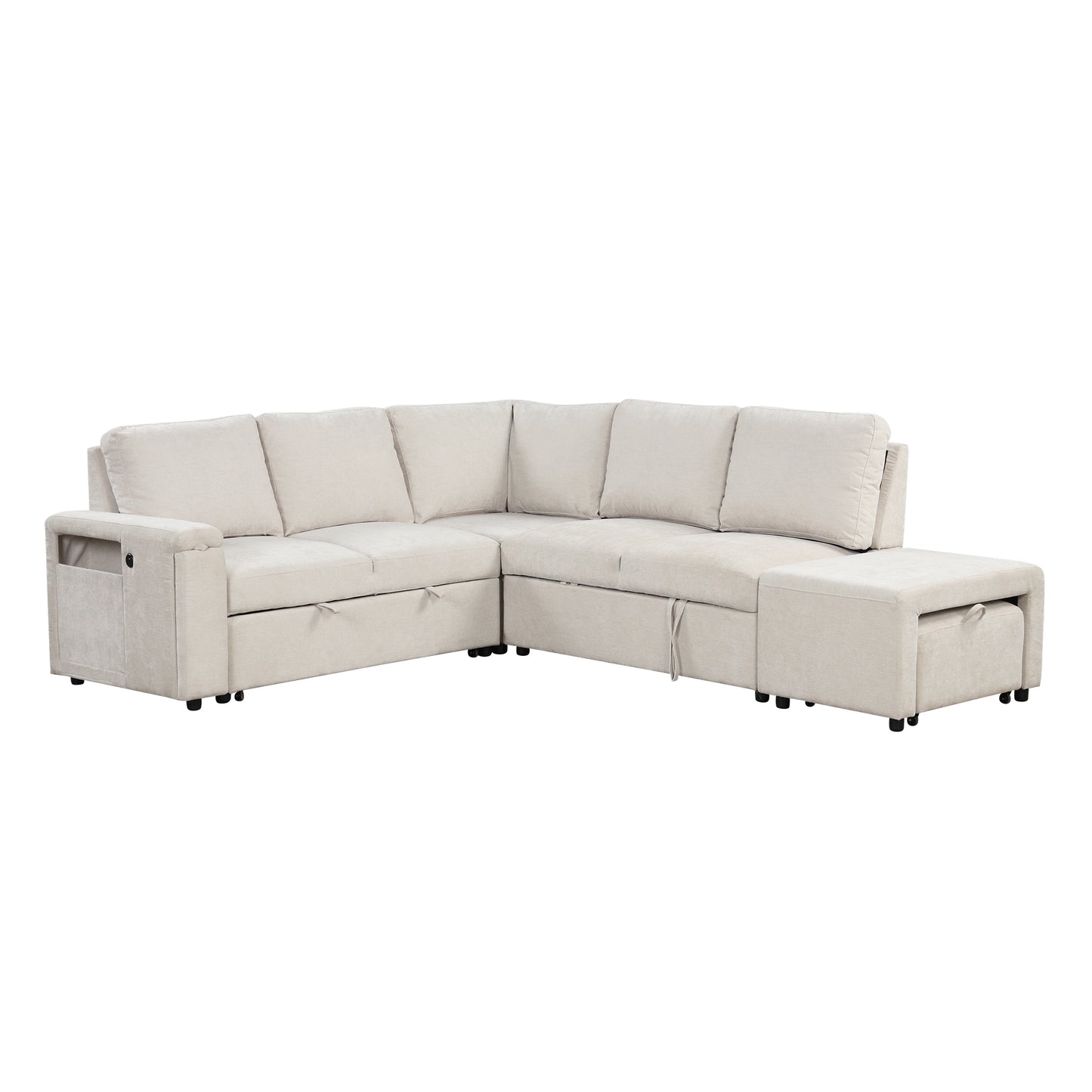 Sleeper Sectional, Sofa L Shape, Couch with Ottoman and Storage, Beige/Gray/Blue