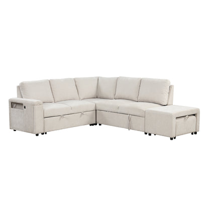 Sleeper Sectional, Sofa L Shape, Couch with Ottoman and Storage, Beige/Gray/Blue