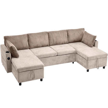 Corduroy Couch with Chaise Sleeper, Sectional Sofa Pull-Out, Brown