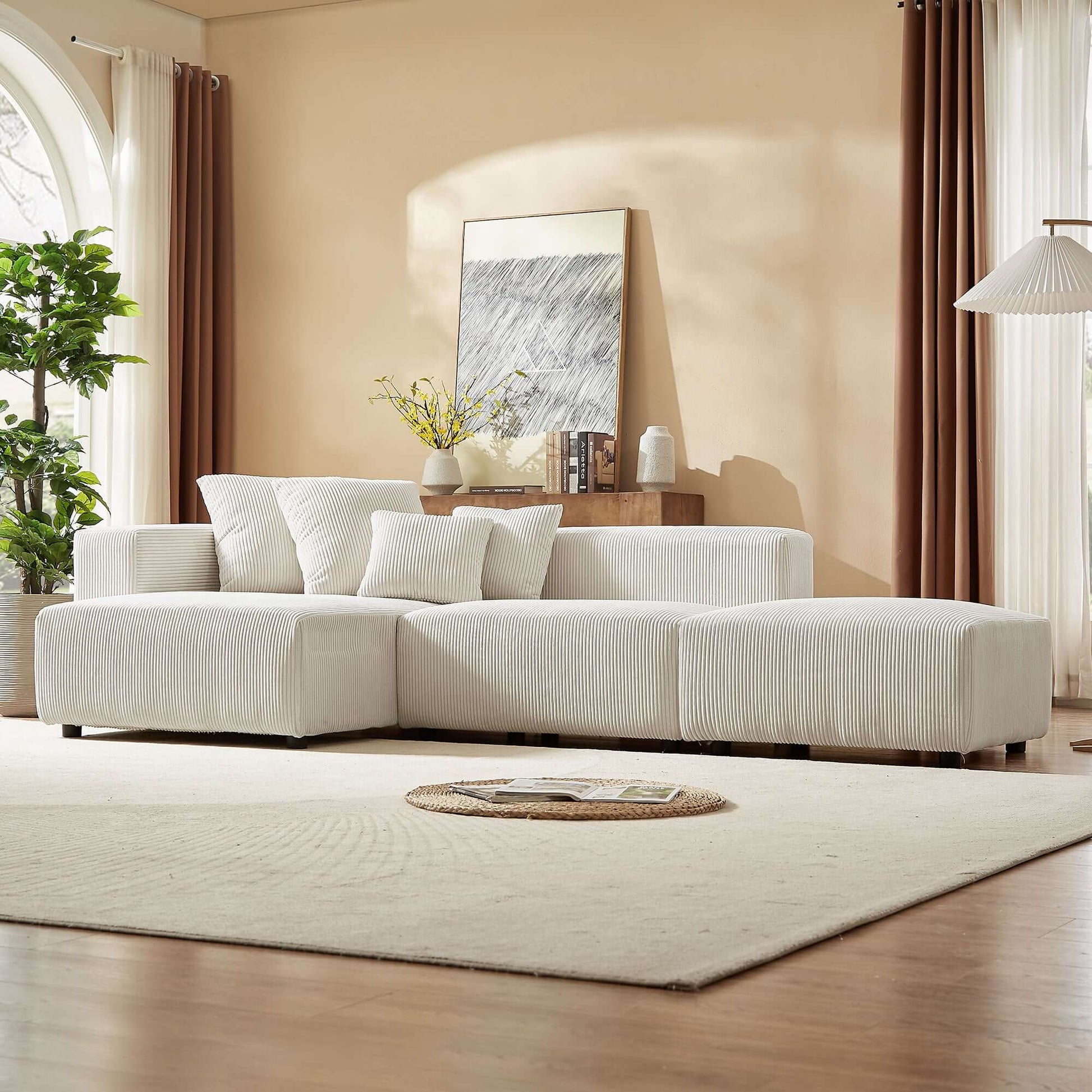 Corduroy Couch, Sofa with Chaise Lounge, 3 Piece - Beige