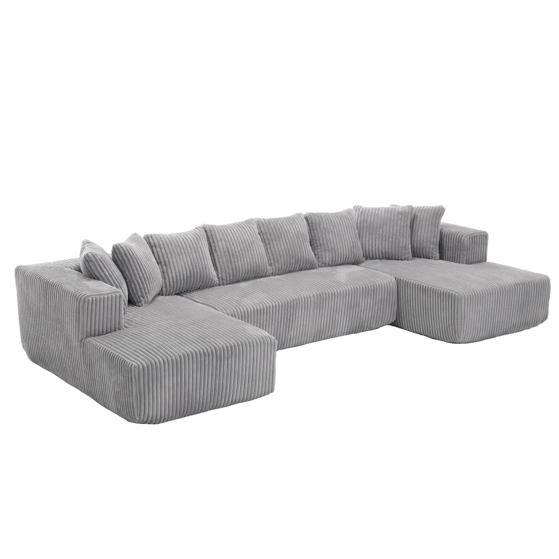 Modular U Shaped Sectional, Corduroy Couch with Double Chaise, Gray