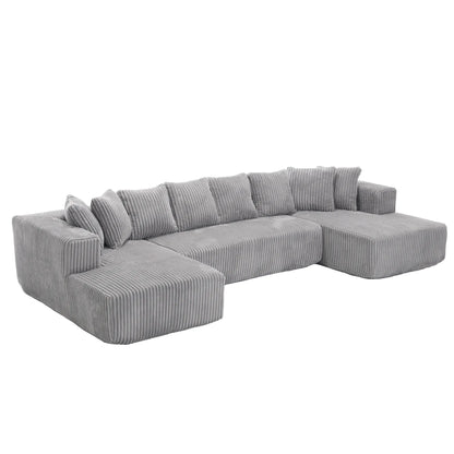 Modular U Shaped Sectional, Corduroy Couch with Double Chaise, Gray