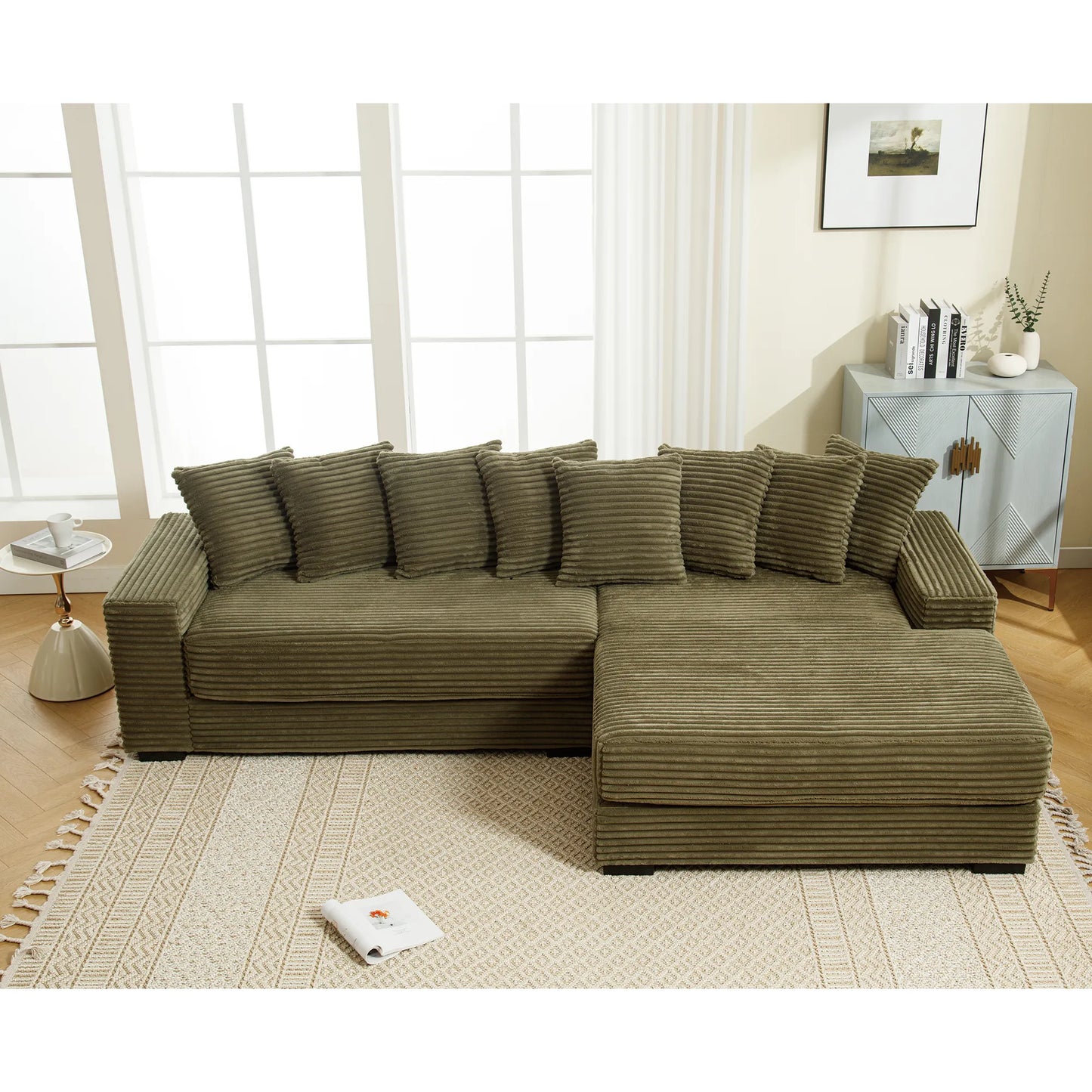 L Shaped Corduroy Couch, Plush Chaise Lounge Sofa, Green