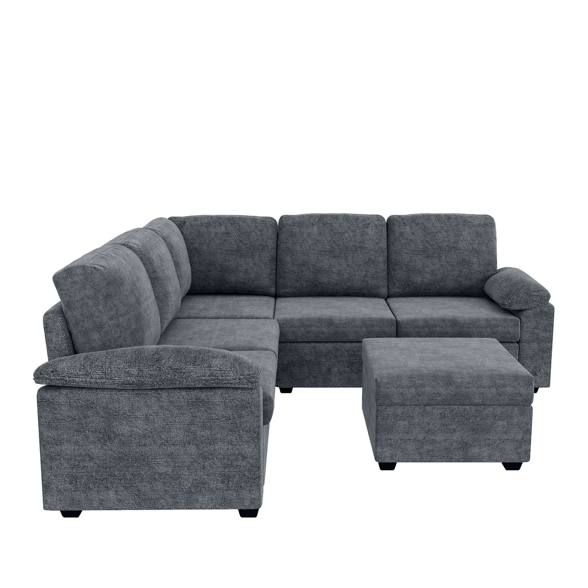 Modern L-Shape Velvet Sectional Sofa, Corner Couch with Ottoman, Grey
