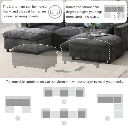 U Shape Sectional Sofa, Chenille Cloud Couch with Ottoman, Dark Grey