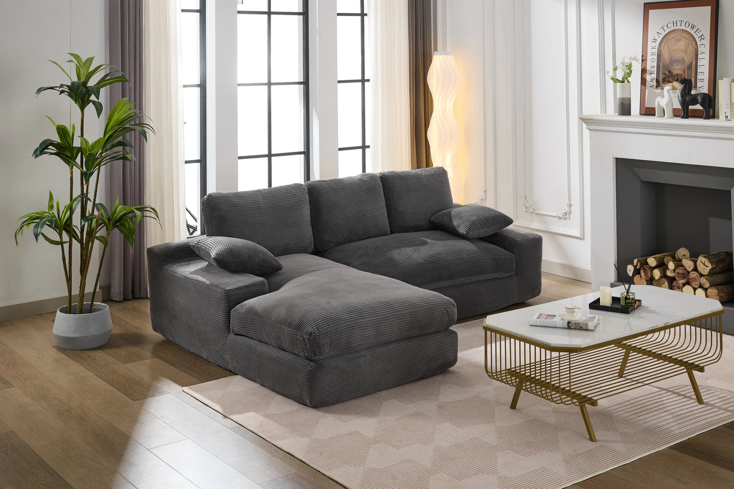 Chaise Lounge Sofa, L Shape Reversible Corduroy Couch Sectional, Grey