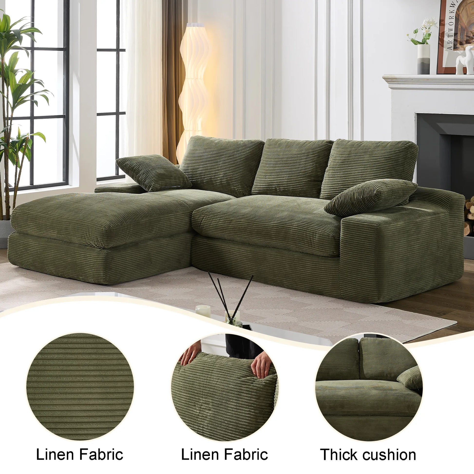 Chaise Lounge Sofa, L Shape Reversible Corduroy Couch Sectional, Green
