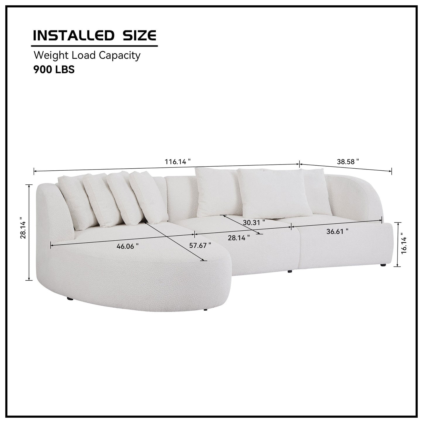 Deep Seat Couch with Chaise Lounge, Curved Corner Sectional, Beige