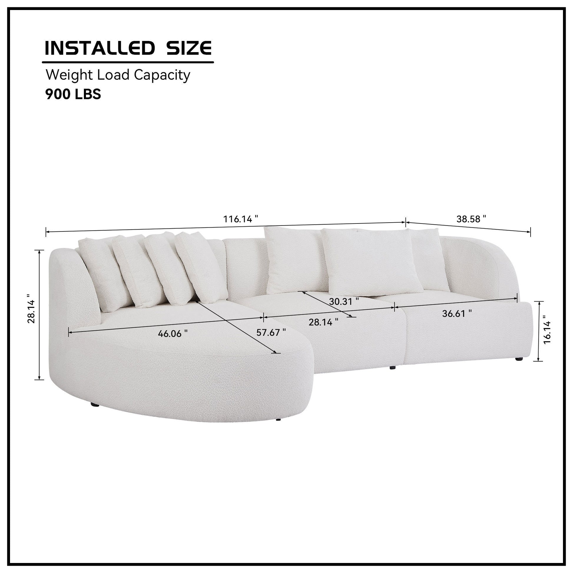 Deep Seat Couch with Chaise Lounge, Curved Corner Sectional, Beige