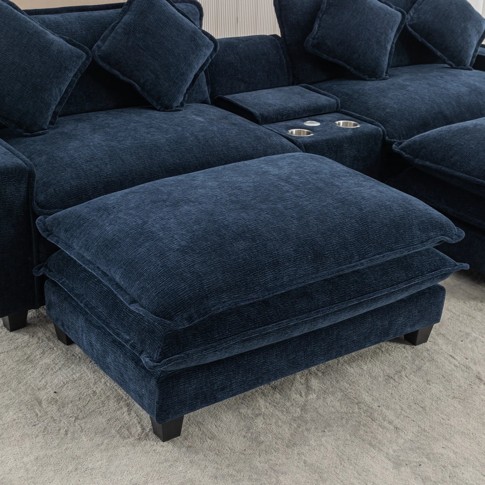Plush Couch, Deep Seat Couch with Ottomans, Blue