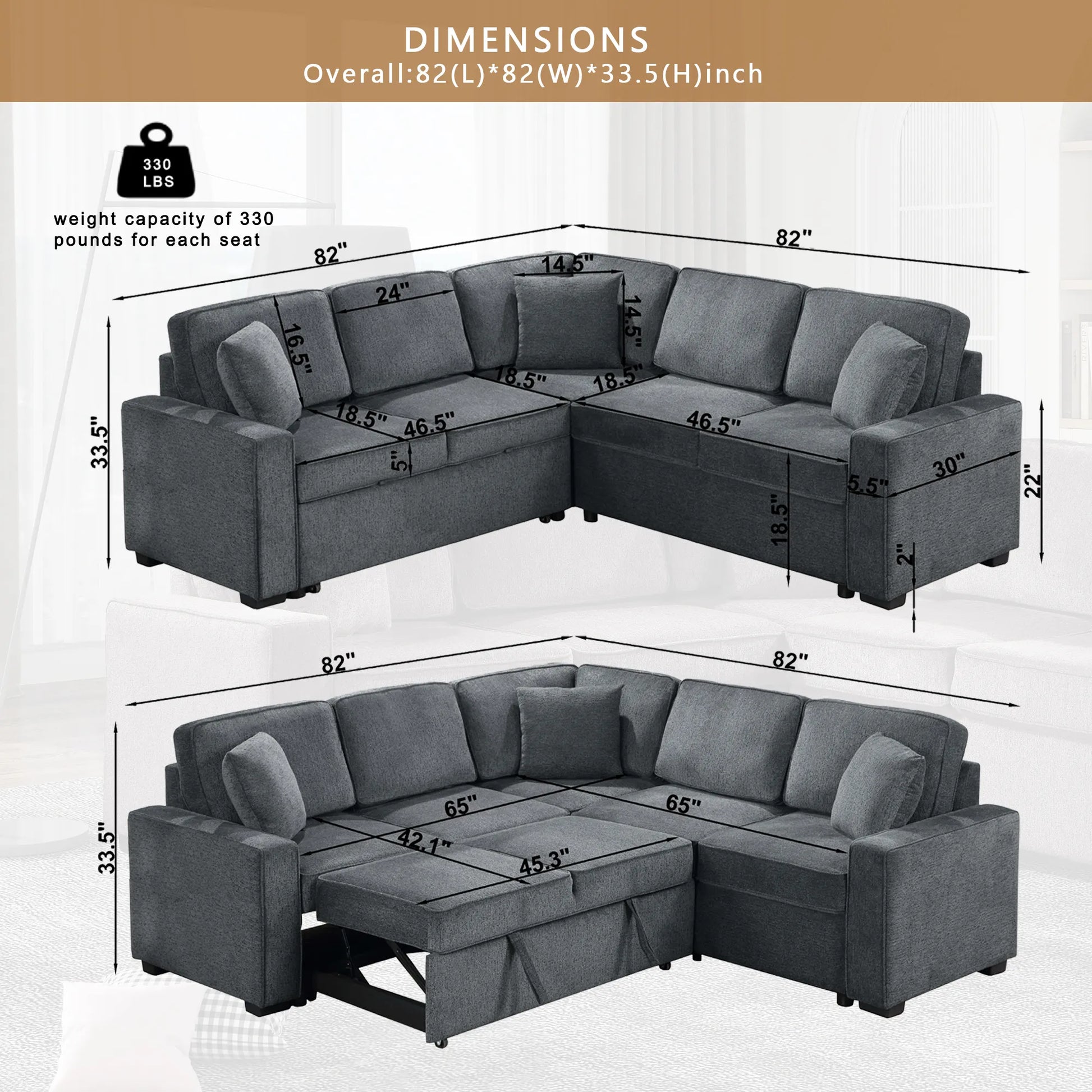 Louie Sleeper Sectional, Couch L Shape - Gray