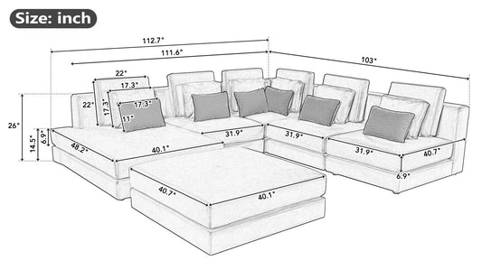 U Shaped Sectional, Sofa with Chaise Lounge and Ottoman - Black
