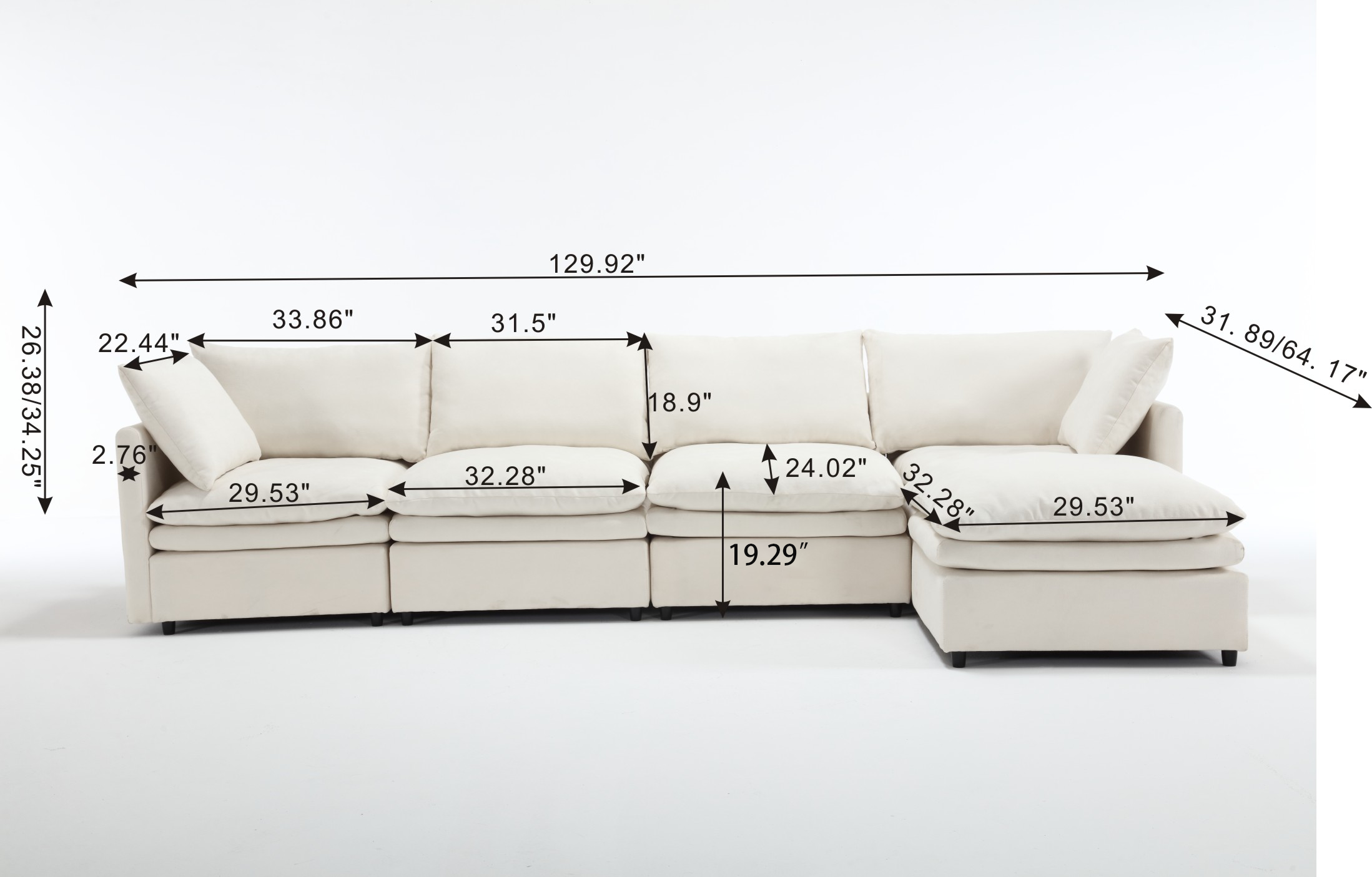 Modular Cloud Couch, U Shaped Sectional Sofa with Ottoman, Beige