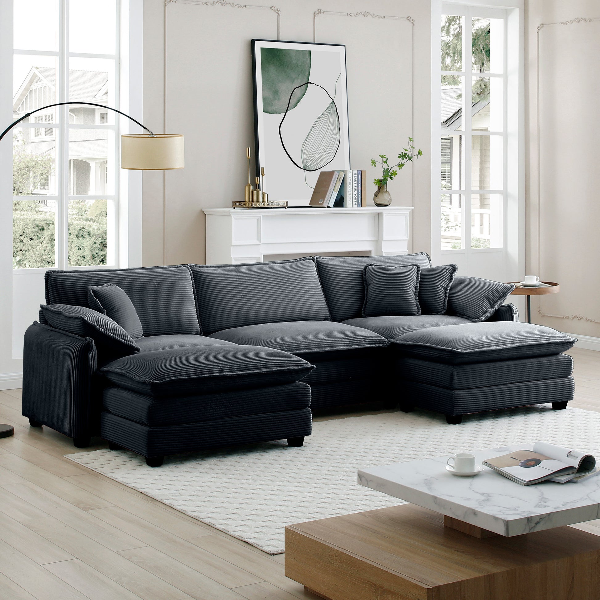 U Shape Sectional Cloud Sofa, Plush Corduroy Couch with Ottoman, Grey