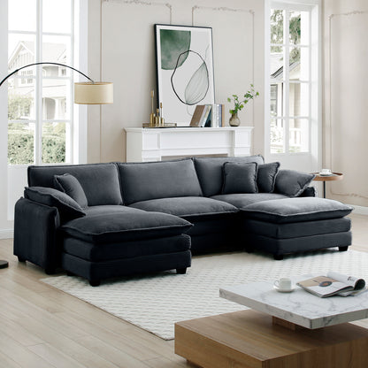 U Shape Sectional Cloud Sofa, Plush Corduroy Couch with Ottoman, Grey