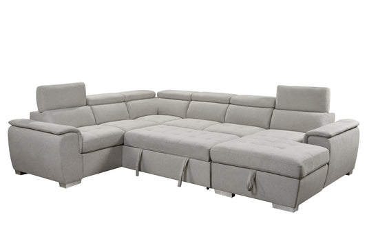 U Shaped 7-seat Sectional with Sofa Bed and Storage Chaise for Living Room - Beige, Gray