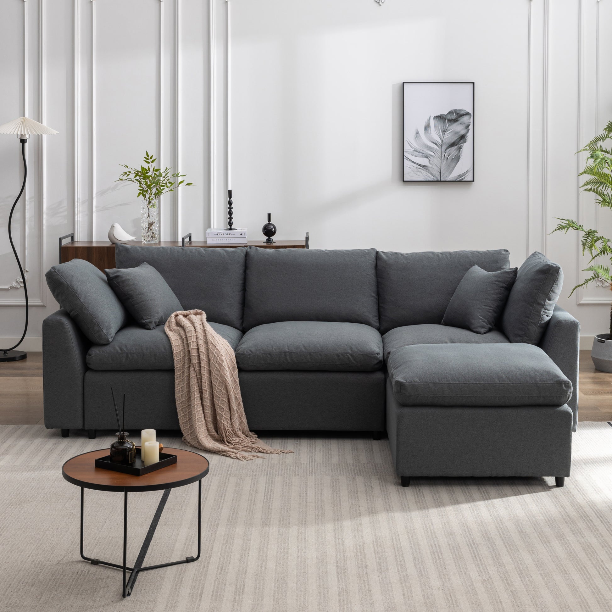 Louie Grey Sectional Couch, Sofa with Ottoman