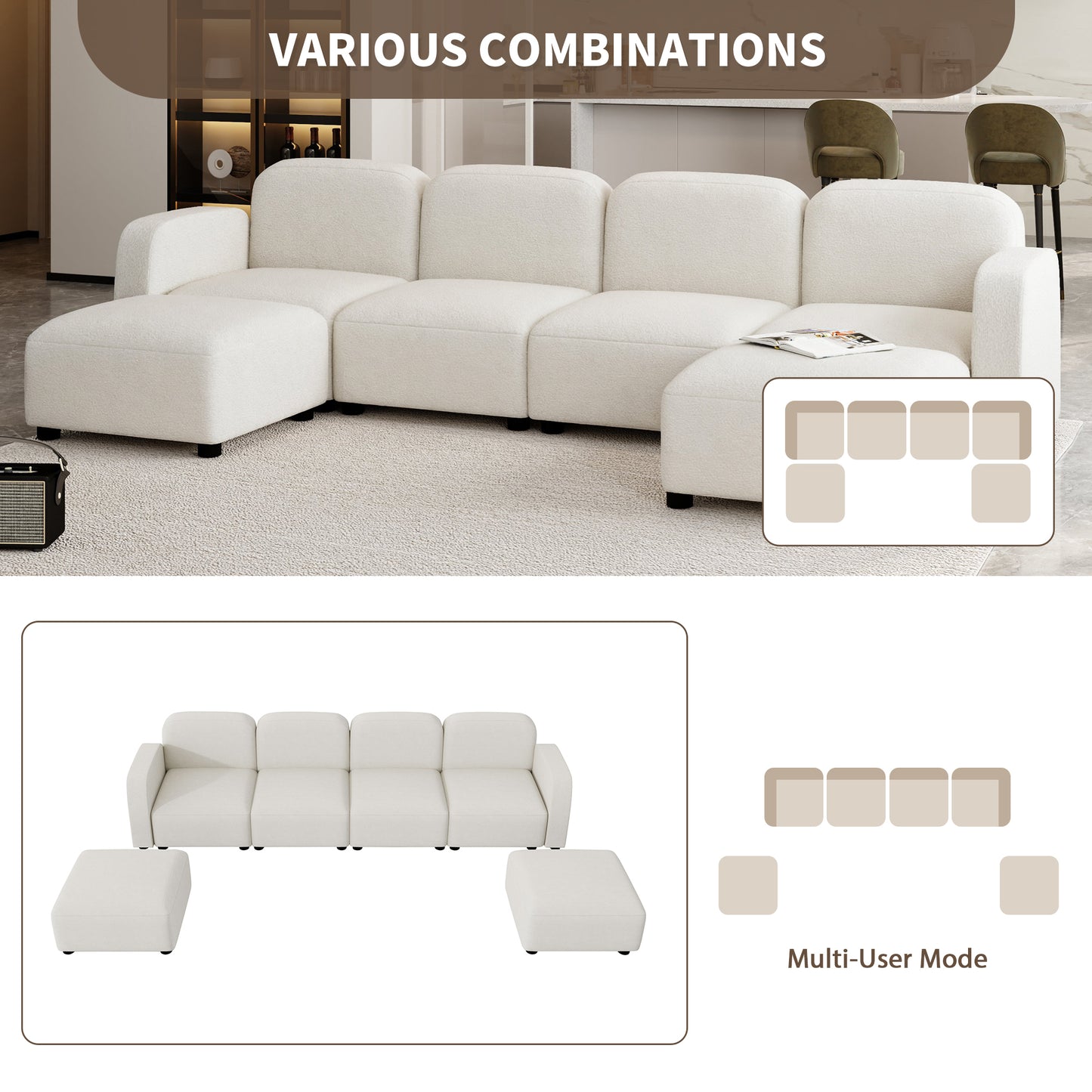 Modern U Shaped Sectional, Modular Comfy Couch with Ottoman, Beige