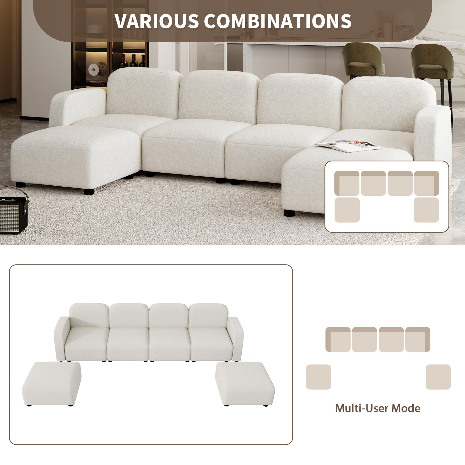 Modern U Shaped Sectional, Modular Comfy Couch with Ottoman, Beige