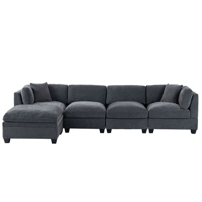Modular Sofa with Removable Storage Ottoman, 5 Seat Sectional sofa with 2 Hidden Cup Holders