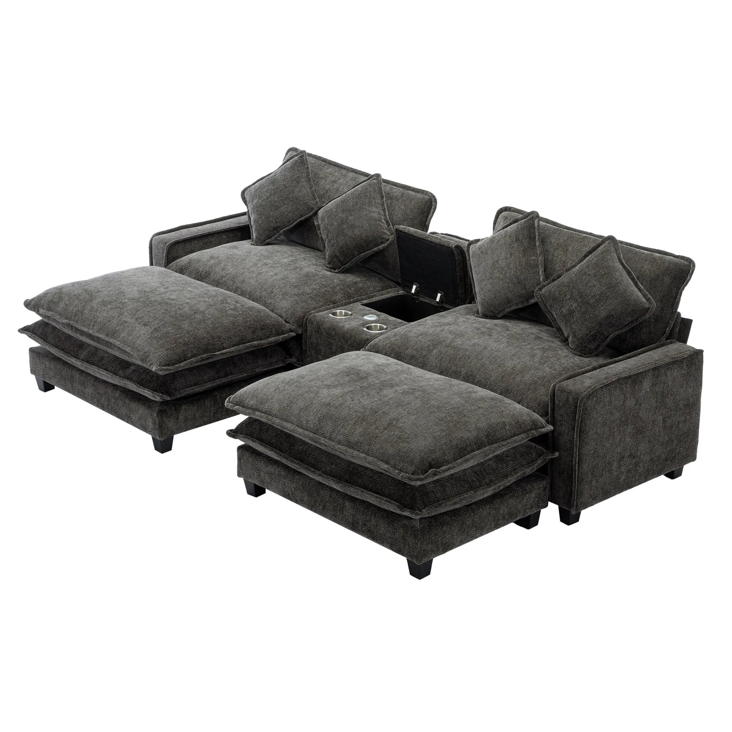 Plush Couch, Deep Seat Couch with Ottomans, Black