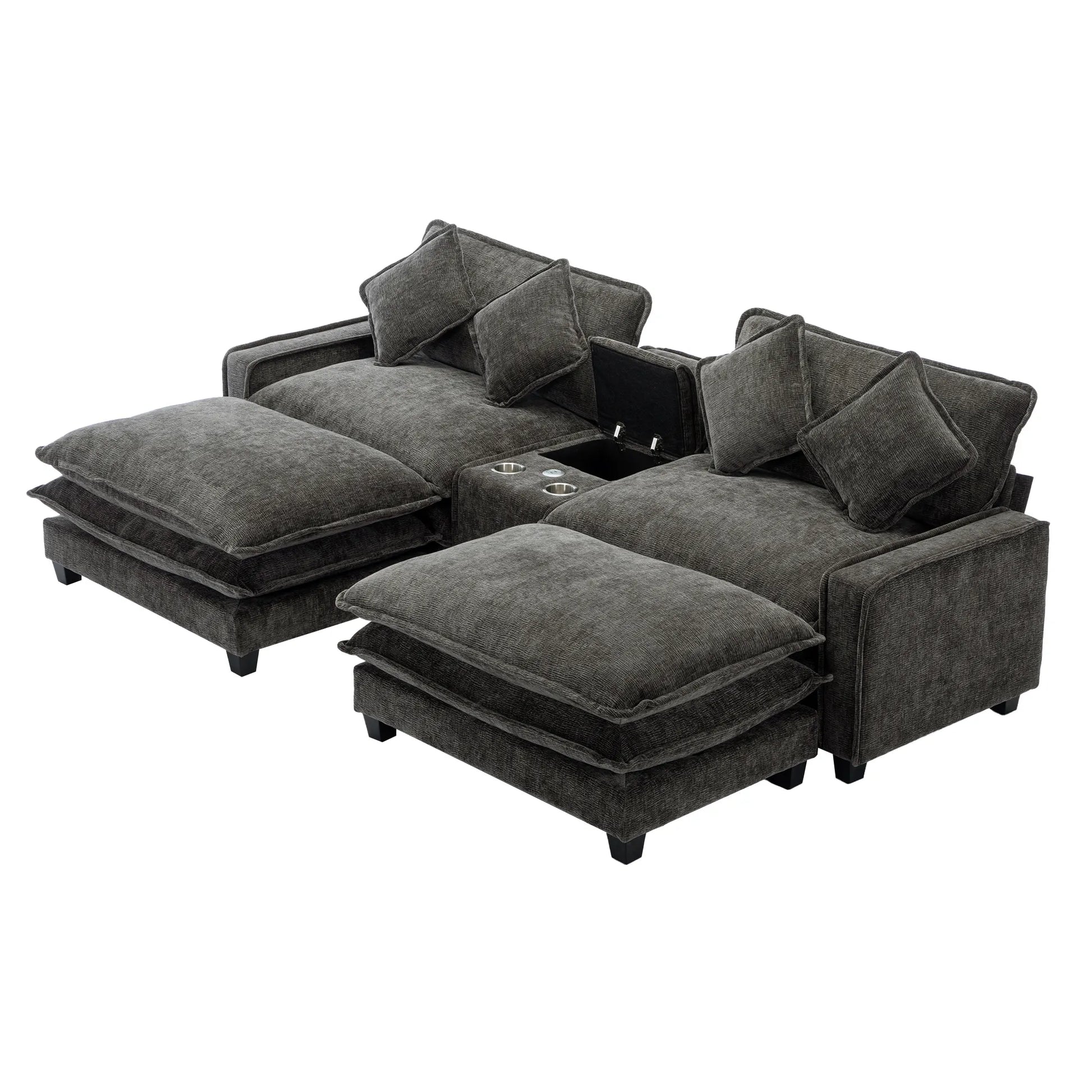 Plush Couch, Deep Seat Couch with Ottomans, Black