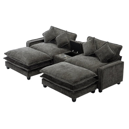 Plush Couch, Deep Seat Couch with Ottomans, Black