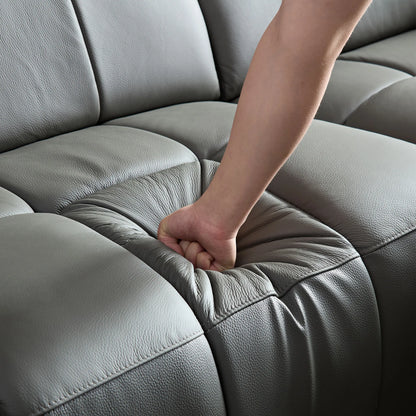 Genuine Leather Recliner Sofa, Modern Couch with Chaise, USB and Adjustable Headrest, Dark Grey