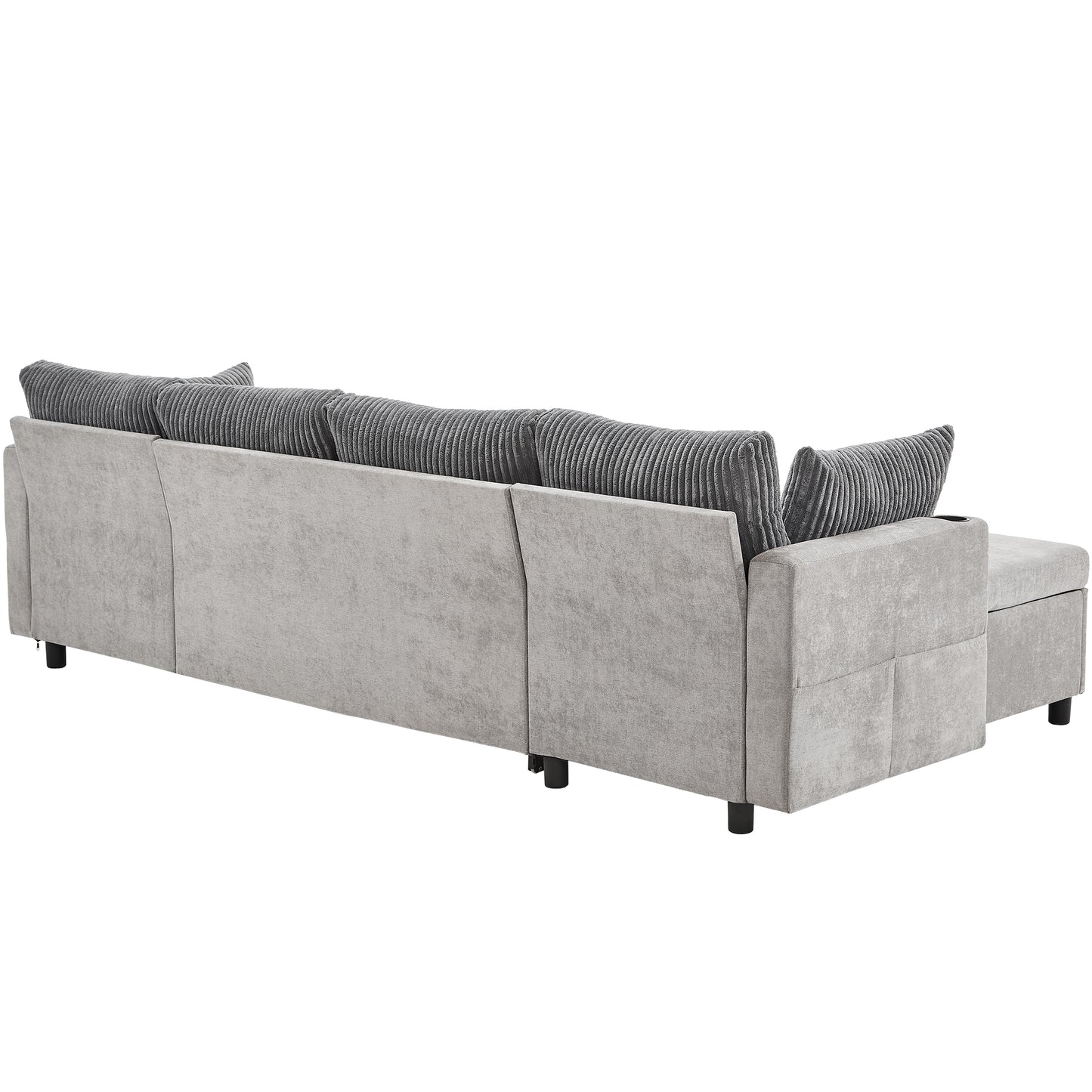 Corduroy Couch with Chaise Sleeper, Sectional Sofa Pull-Out, Grey