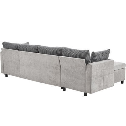 Corduroy Couch with Chaise Sleeper, Sectional Sofa Pull-Out, Grey