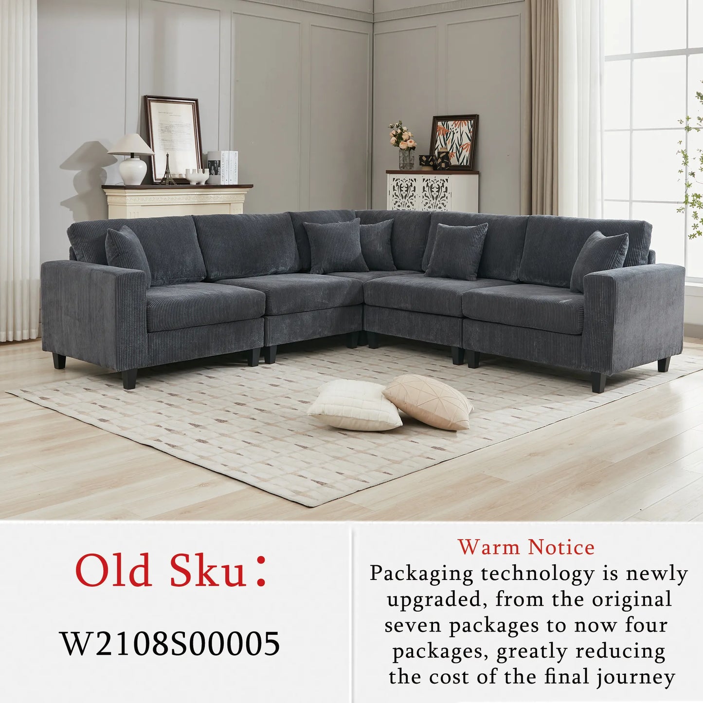 Modular Sectional Sofa, Deep Seat Corduroy Couch, Dark Gray