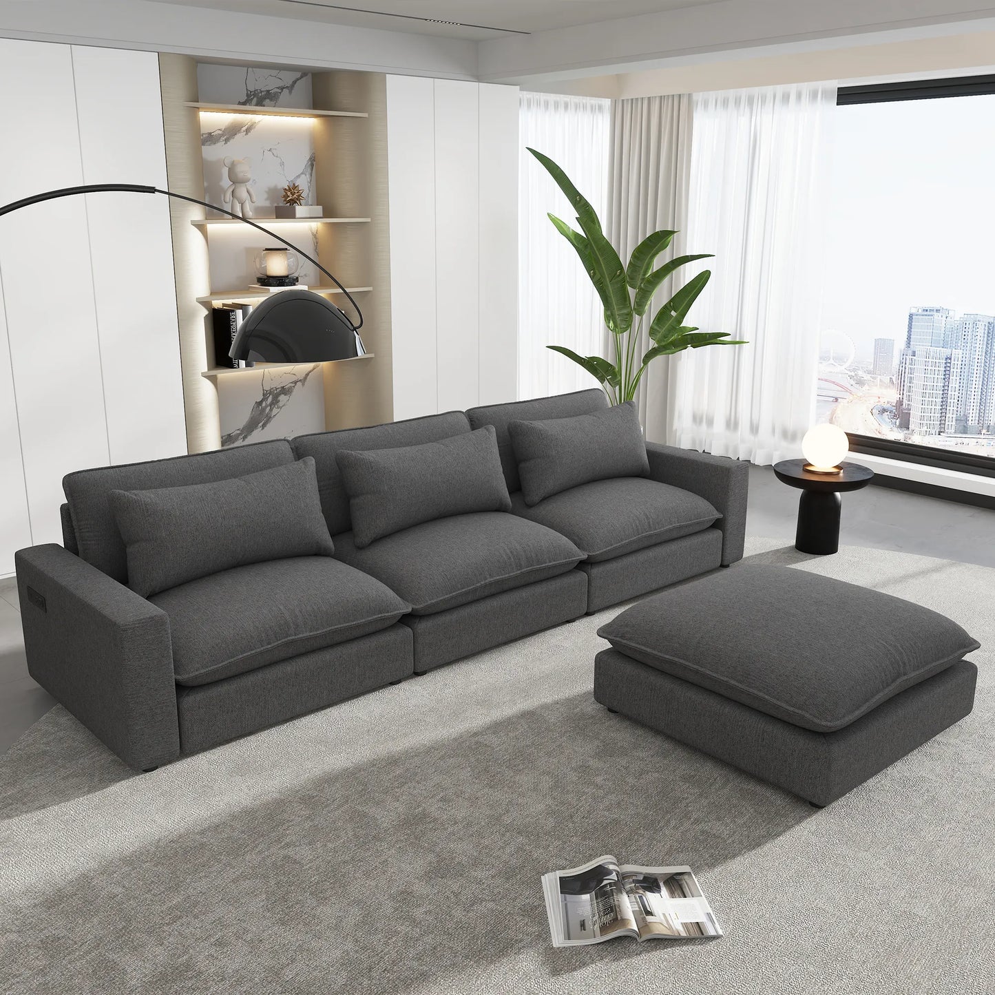Comfy Sectional Cloud Couch, Chenille Sofa with Ottoman, Grey