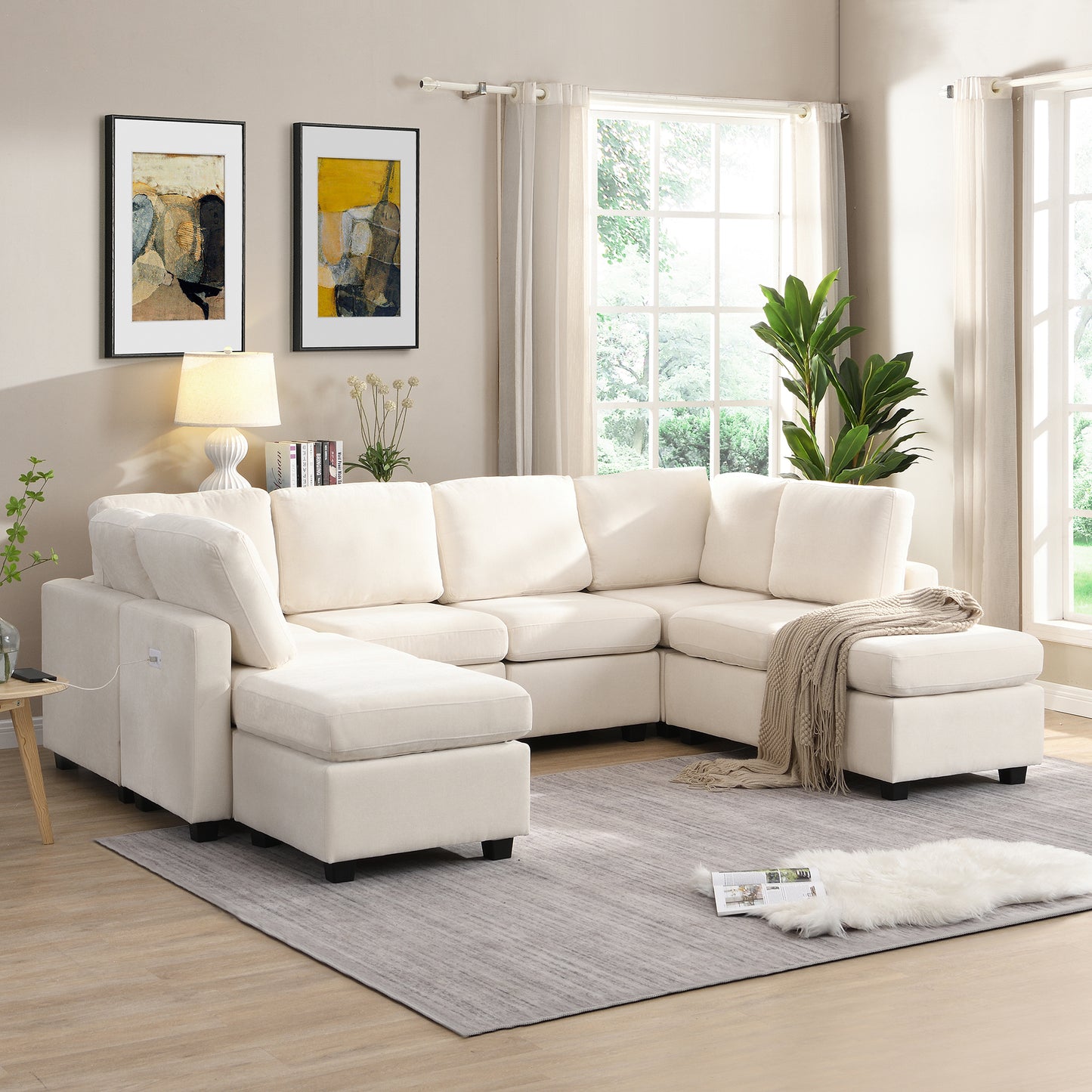 U Shaped Couch, Chenille Sectional Sofa with Ottoman, Beige
