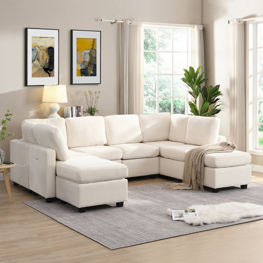 U Shaped Couch, Chenille Sectional Sofa with Ottoman, Beige
