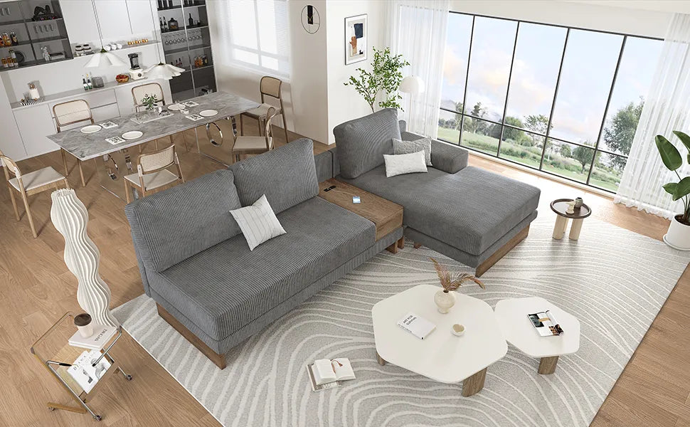 Corduroy Couch, Modern L Shaped Sectional Sofa with Reversible Chaise, Gray