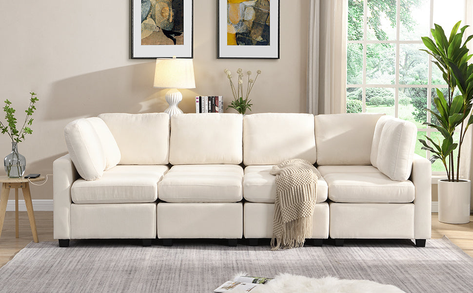 U Shaped Couch, Chenille Sectional Sofa with Ottoman, Beige