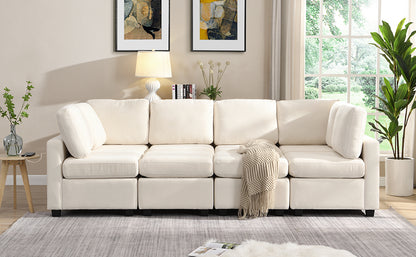 U Shaped Couch, Chenille Sectional Sofa with Ottoman, Beige