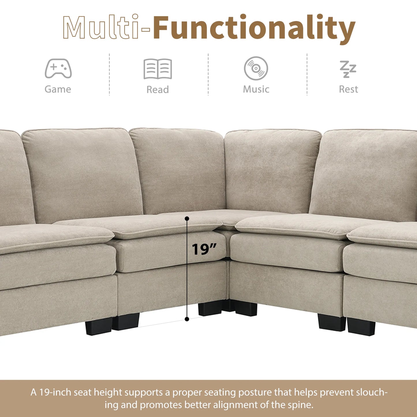 Corner Sectional Sofa, L-Shaped Comfy Couch, Khaki