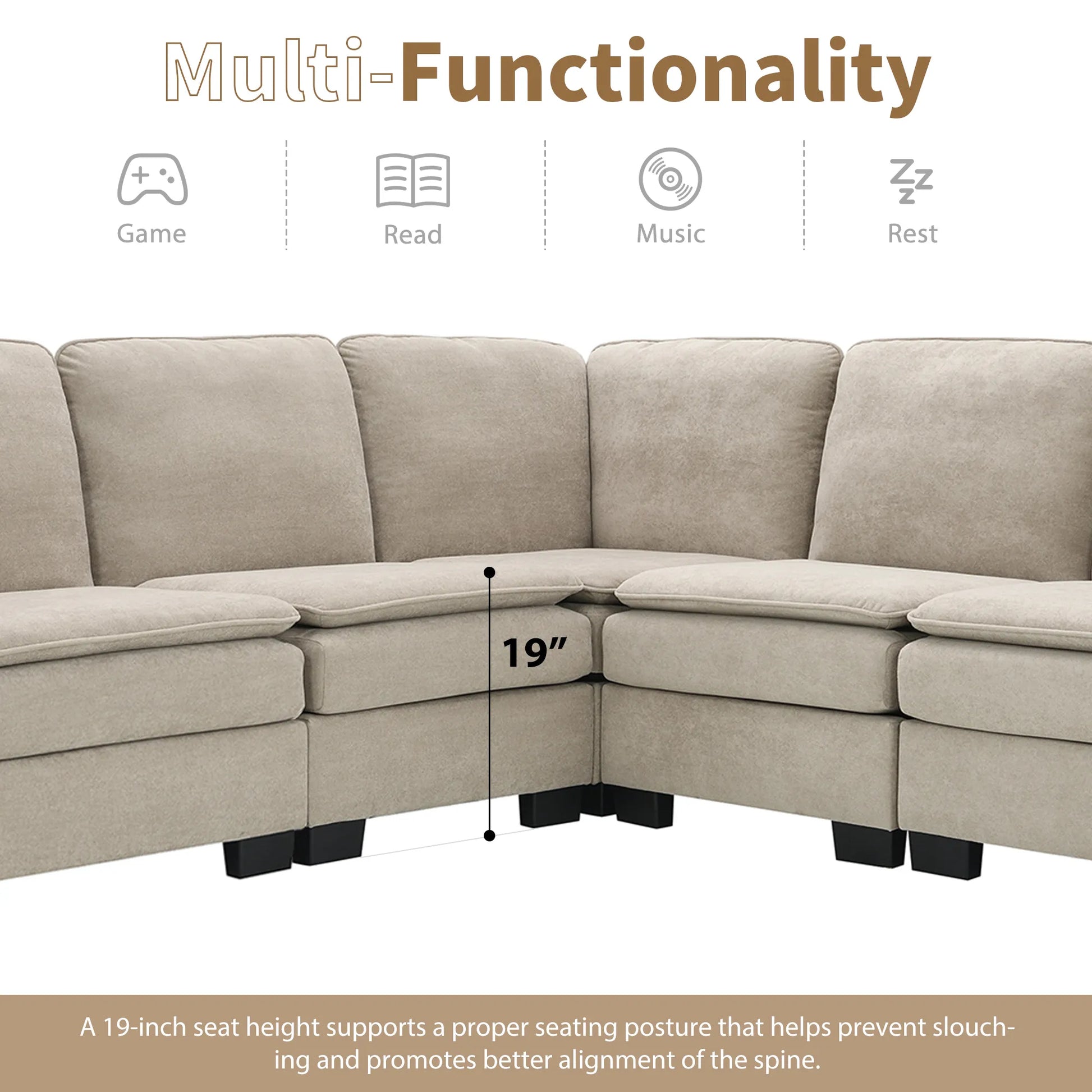 Corner Sectional Sofa, L-Shaped Comfy Couch, Khaki