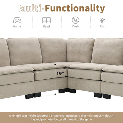 Corner Sectional Sofa, L-Shaped Comfy Couch, Khaki