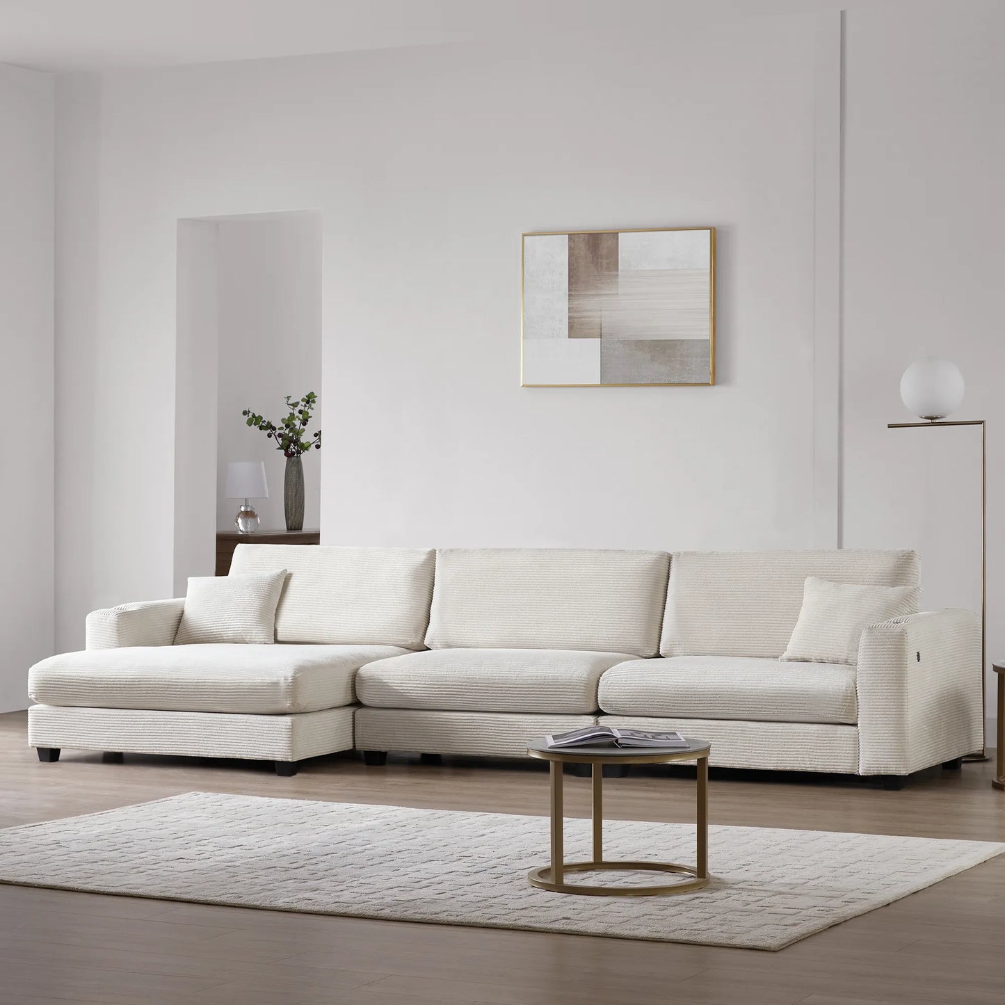 Deep Seat Corduroy Sofa, Large Sectional Couch with Chaise, Beige