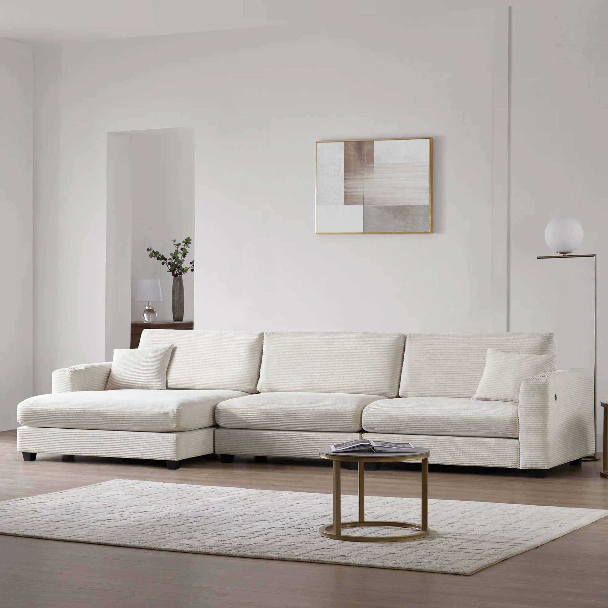 Deep Seat Corduroy Sofa, Large Sectional Couch with Chaise, Beige