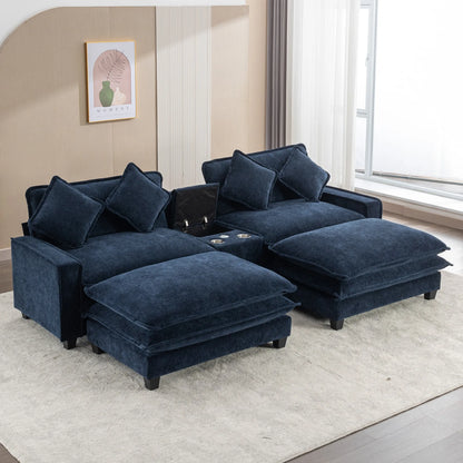 Plush Couch, Deep Seat Couch with Ottomans, Blue