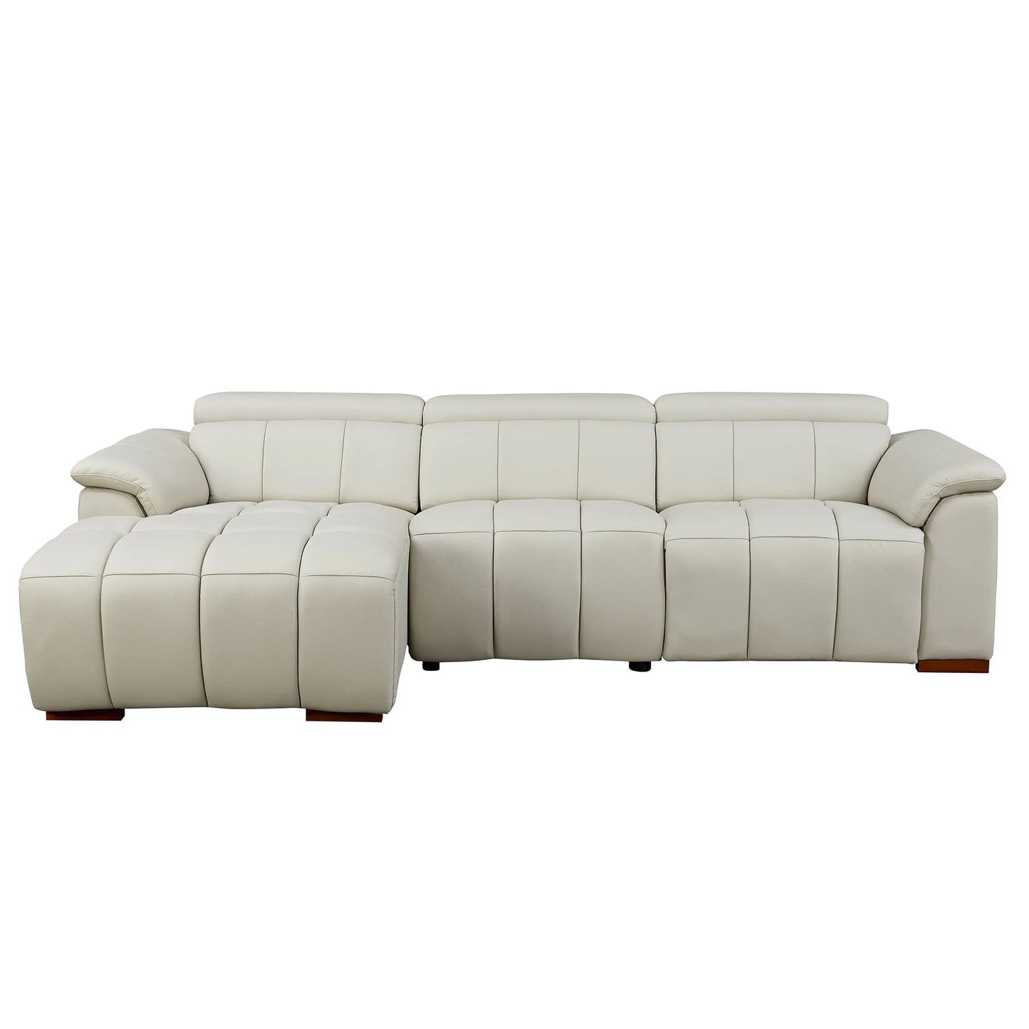 Genuine Leather Recliner Sofa, Modern Couch with Chaise, USB and Adjustable Headrest, Light Grey