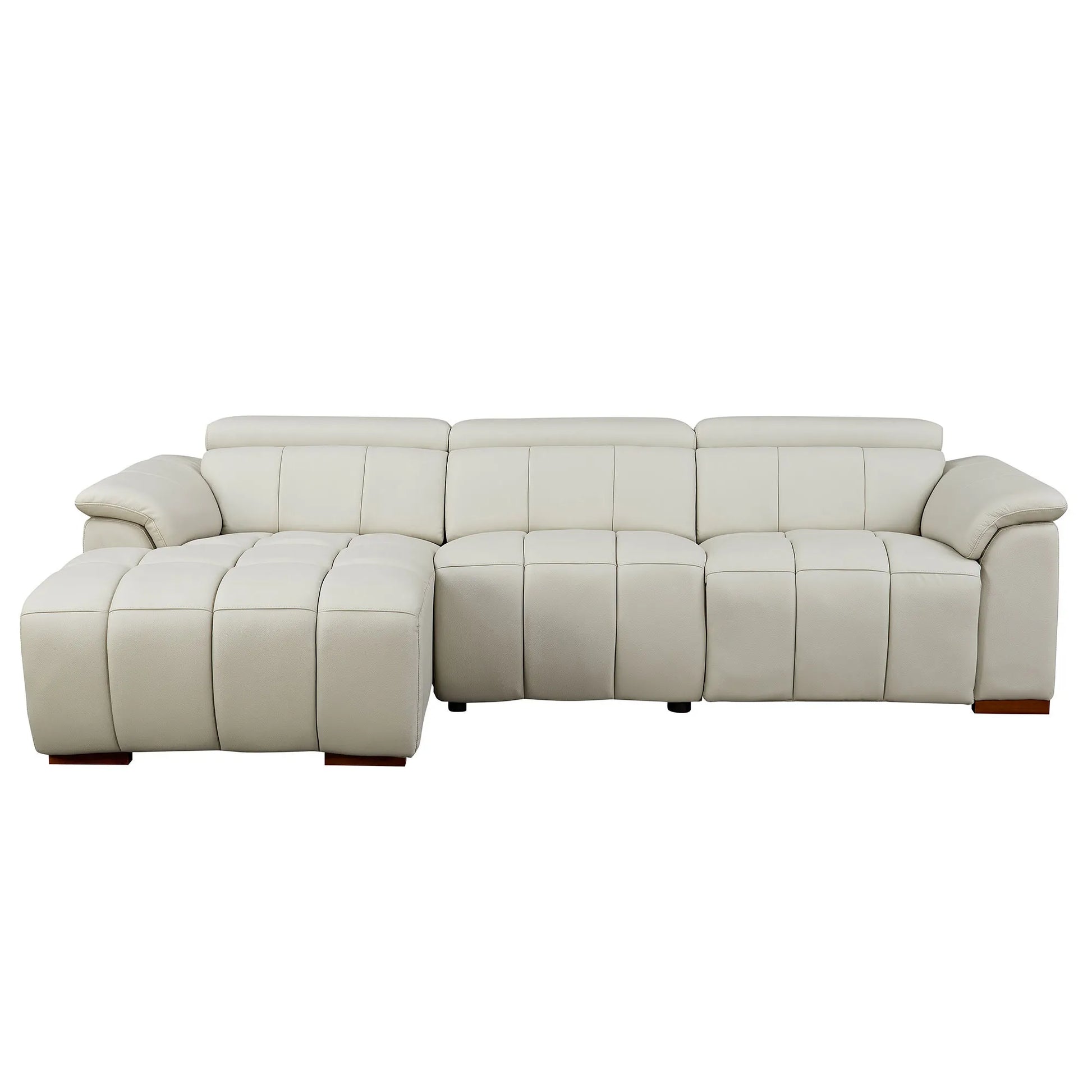 Genuine Leather Recliner Sofa, Modern Couch with Chaise, USB and Adjustable Headrest, Light Grey
