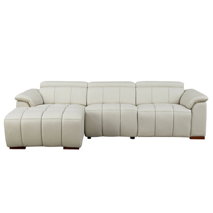 Genuine Leather Recliner Sofa, Modern Couch with Chaise, USB and Adjustable Headrest, Light Grey