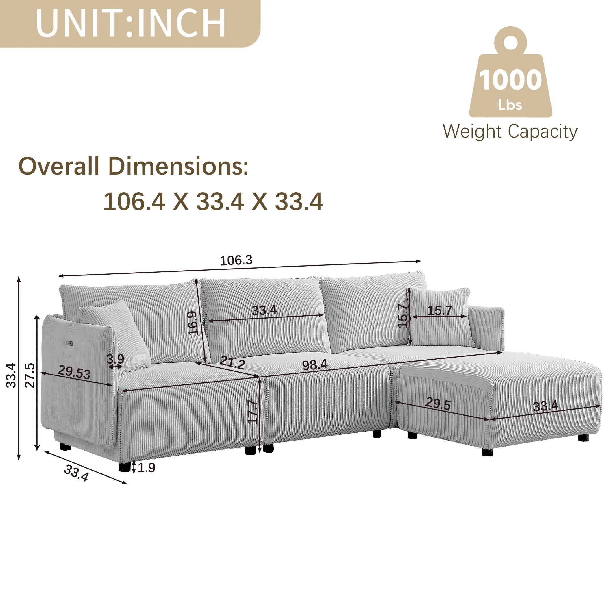 Modular U Shaped Sectional Sofa, Corduroy Couch with Ottoman - Gray