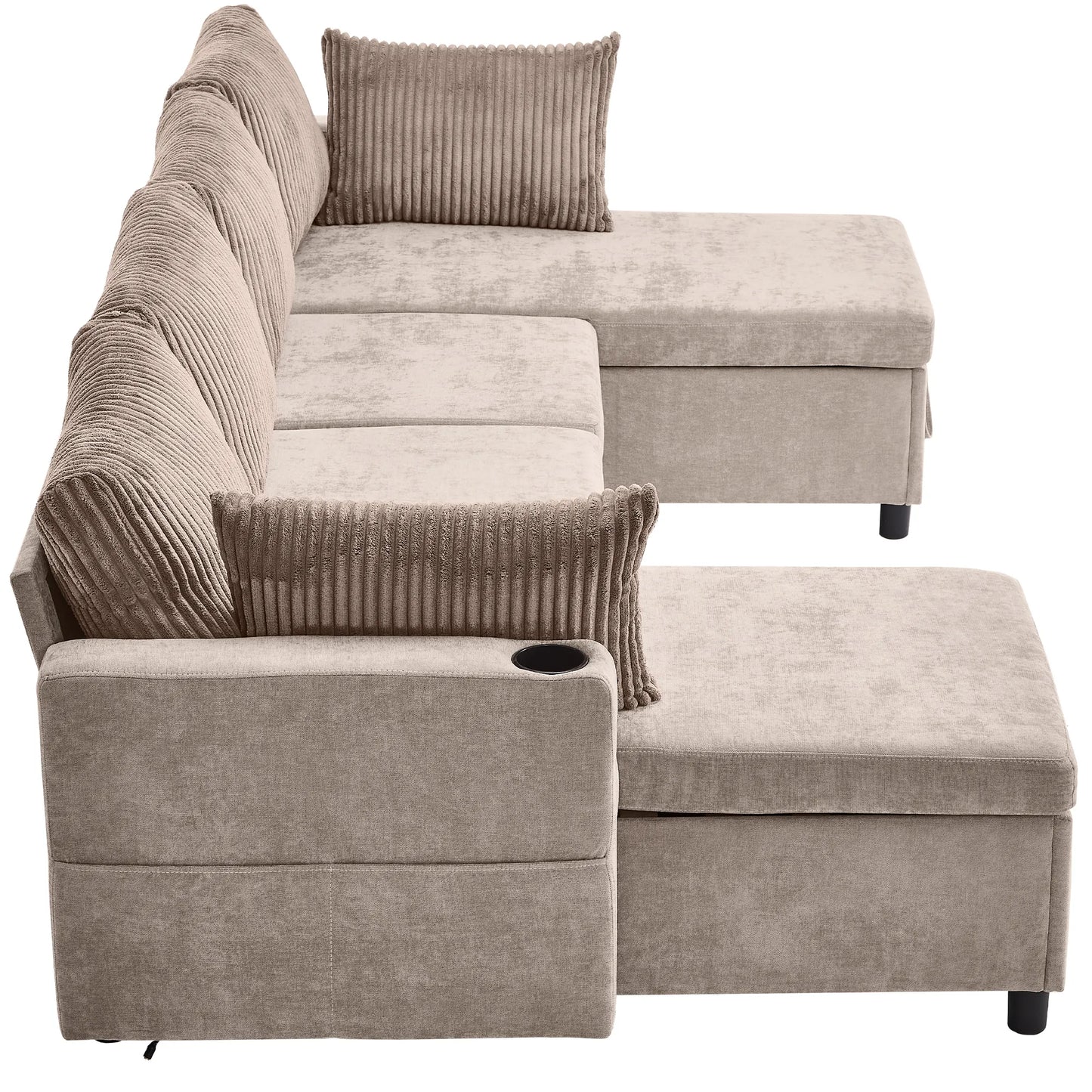 Corduroy Couch with Chaise Sleeper, Sectional Sofa Pull-Out, Brown
